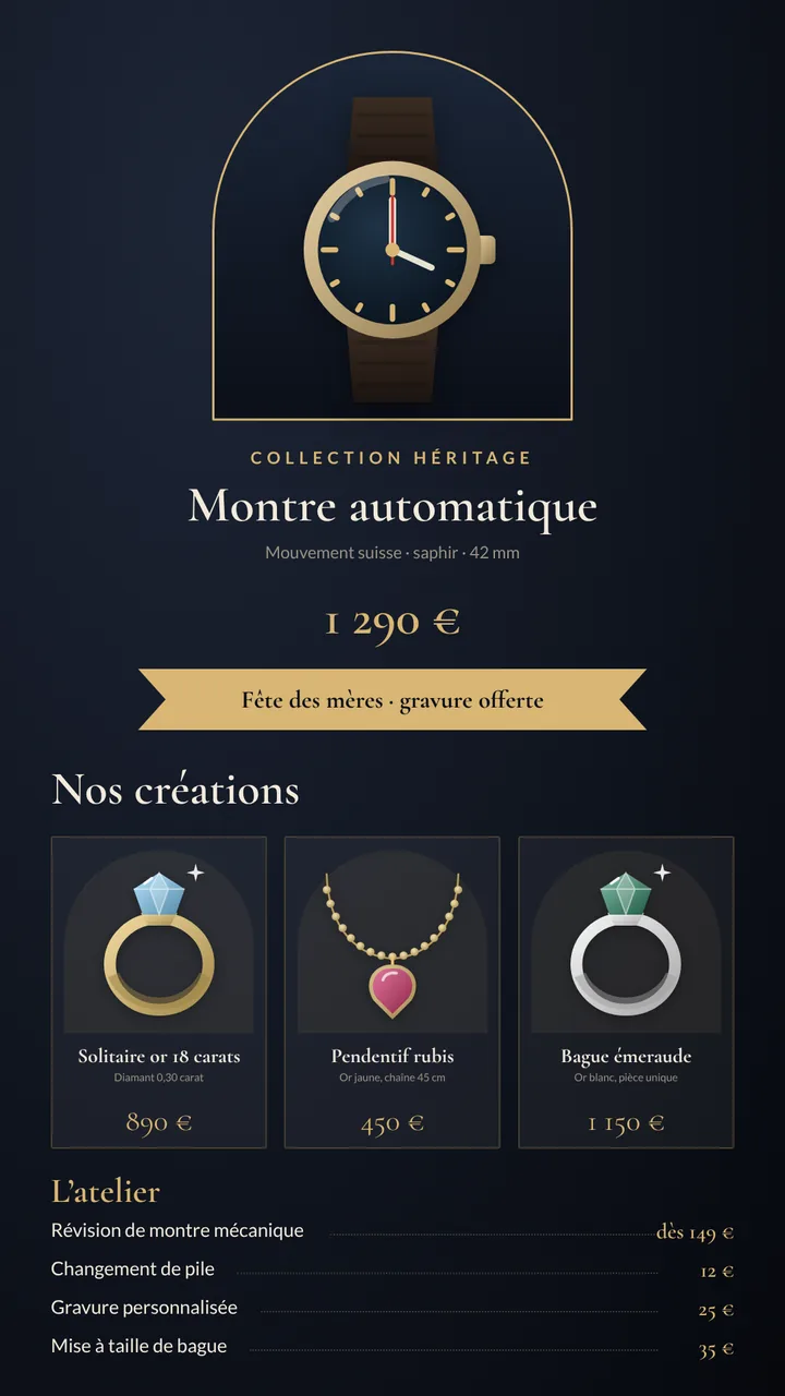 Modèle Bijouterie et horlogerie, écran vertical