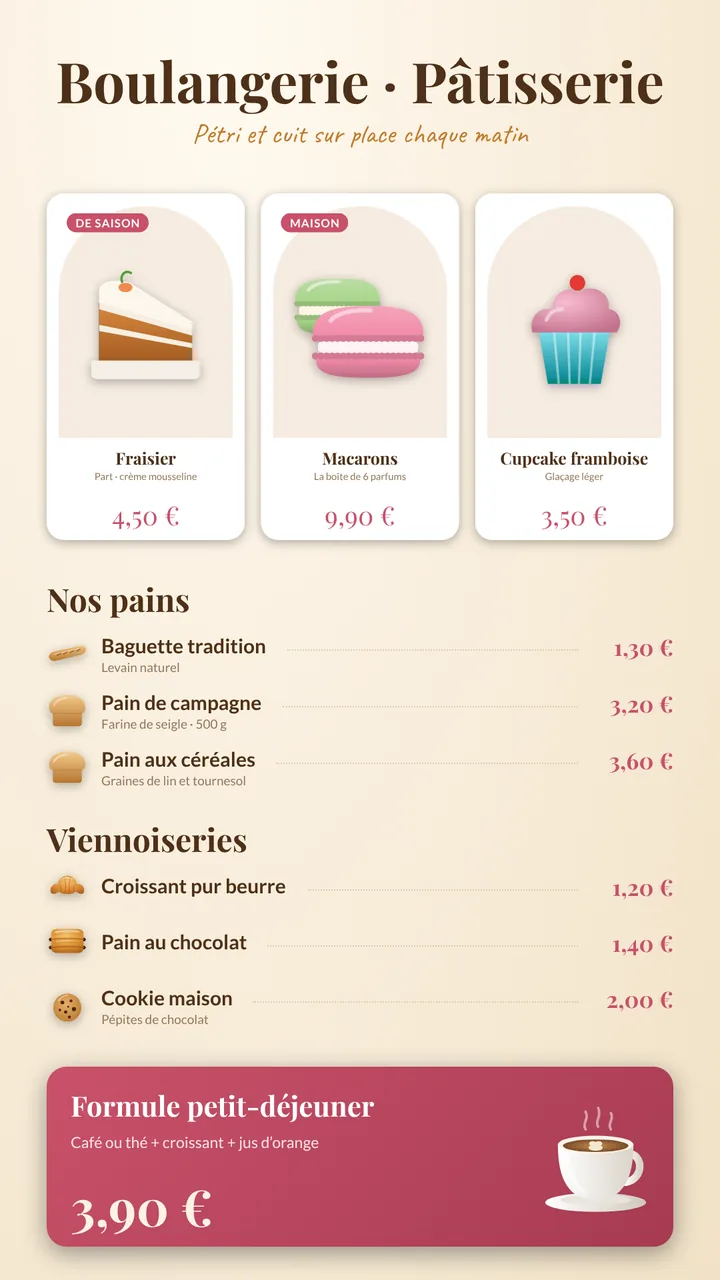 Modèle Boulangerie et pâtisserie, écran vertical