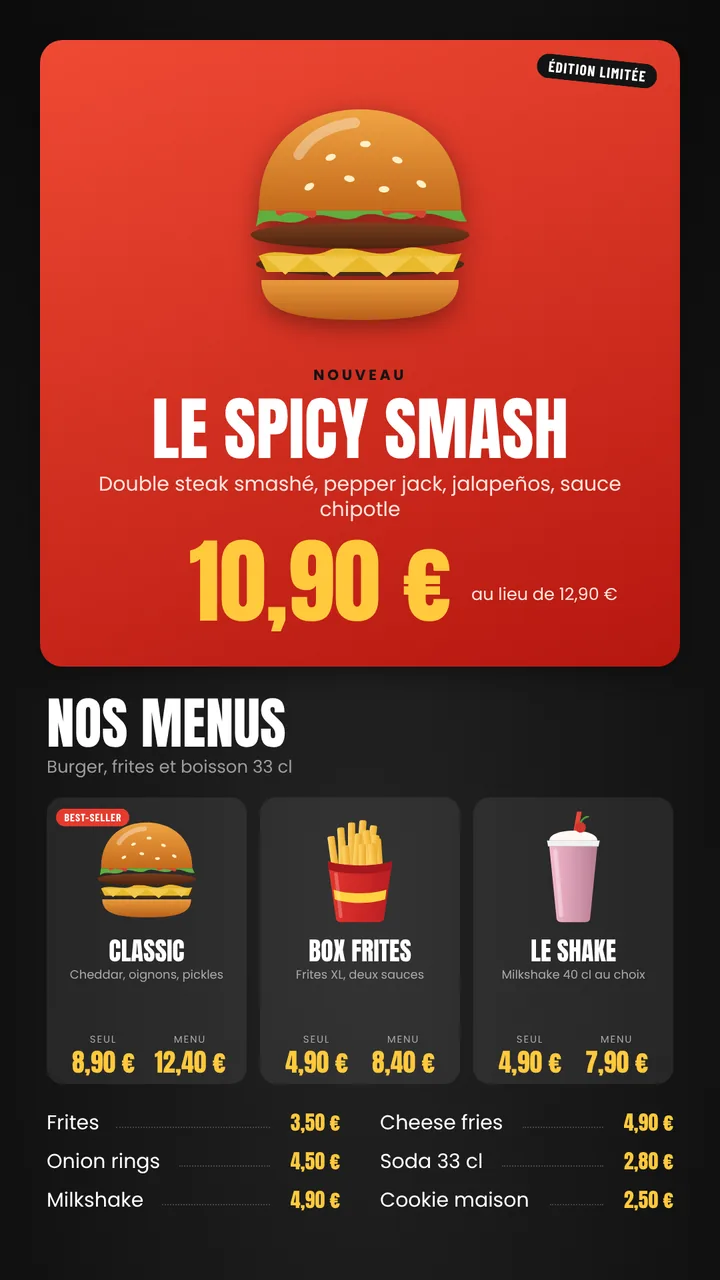 Modèle Fast-food et burgers, écran vertical